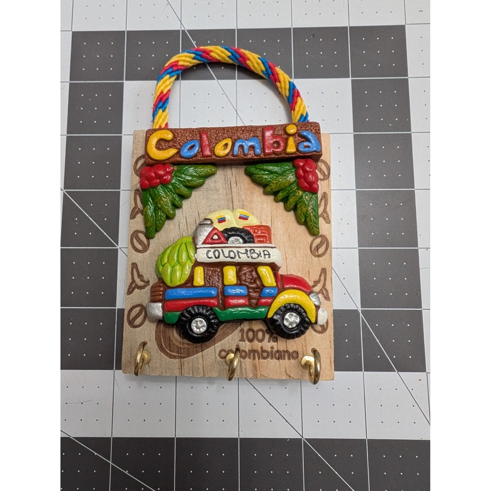 Colombia Chiva Bus‎ Wooden Key Holder Wall Mount Folk Art Souvenir 3 Hooks
